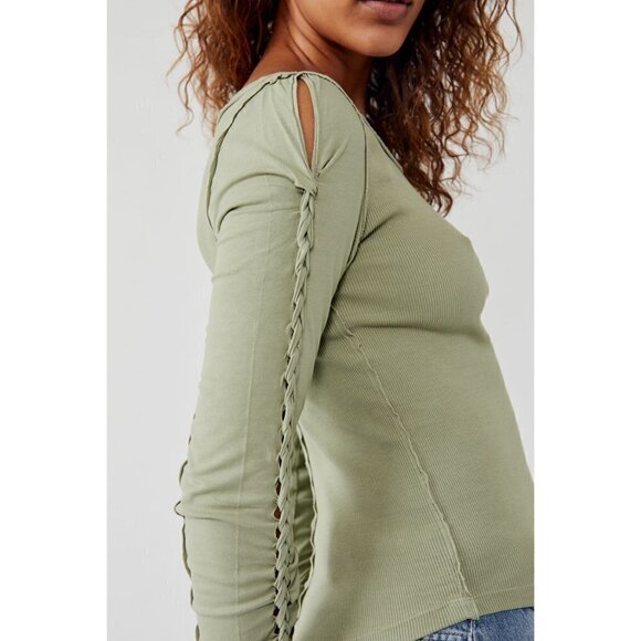 FREE PEOPLE Daisy Chain Cuff Top Tee T-shirt / Green Tea Leaves NEW! XS - Picture 8 of 9